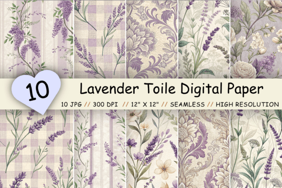 Lavender Toile Digital Paper Pack: Vintage Floral Charm for Modern Design